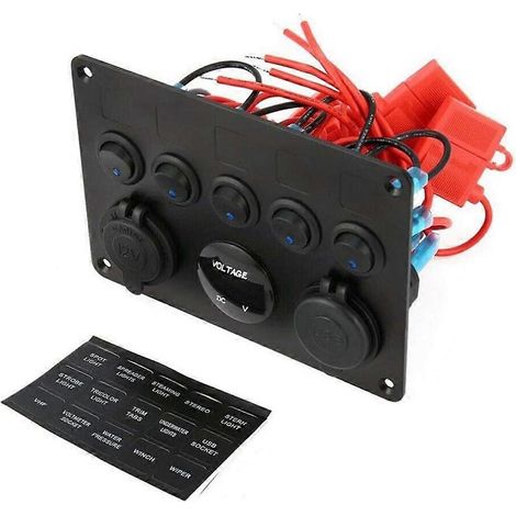 Panneau de commande à 5 interrupteurs, boîte à fusibles en ligne 12 V/24 V, panneau d'interrupteurs LED, double prise USB, prise de courant, voltmètre LED pour bateau/camion (1/5)
