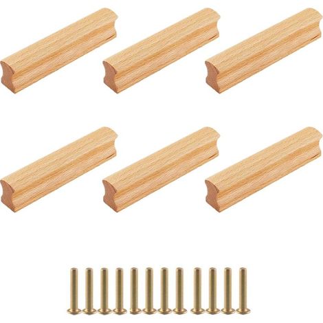 Lot de 6 poignées de meuble en bois avec vis, espacement des trous 96 mm, poignées de tiroir, couleur bois (1/5)