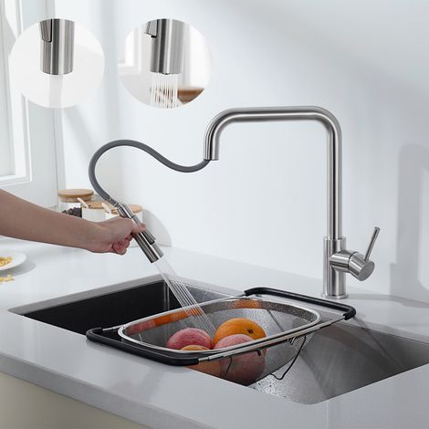 Cecipa Miscelatore Cucina con Doccetta Estraibile - Rubinetto Lavello in Acciaio Inox Girevole a 360° con 2 Modalità di Uscita Acqua - Spazzolato (1/5)