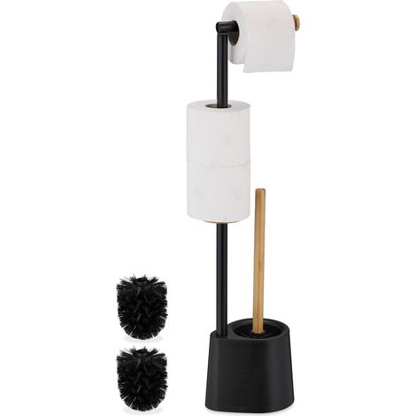 Serviteur WC, Bambou, Acier Inoxydable, Support à Poser, Brosse et Porte-Brosse, Noir (1/5)