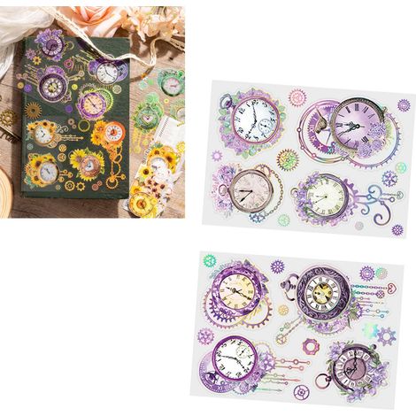 Lot de 2 autocollants décoratifs à faire soi-même, motif horloge et fleurs, adhérence optimale, pour agenda, carnet, enveloppe ou album photo (violet). (1/5)