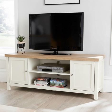 TV Stand 2 Door Cabinet Television Unit Dark Grey Oak Shelf Cable Tidy 36mm Top (1/5)