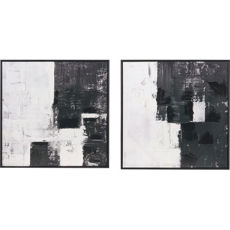 Conjunto de 2 lienzos decorativos hechos a mano cuadros con formas abstractas de materiales sintéticos marco de madera de pino negro Cashel