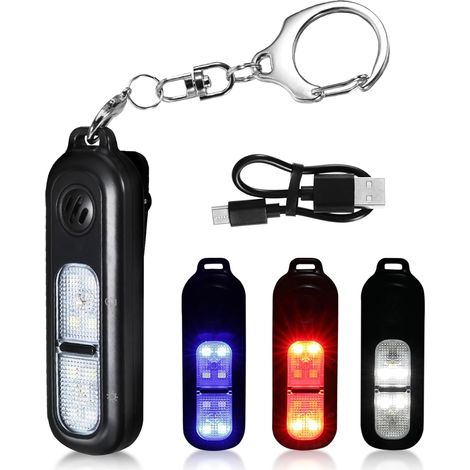 Sirena de defensa personal, 130 decibelios, con luz estroboscópica, recargable, negra, con llavero, 1 unidad.