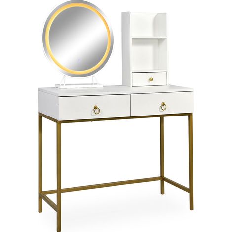 Coiffeuse moderne avec miroir rond lumineux Oracle L90cm Blanc et Or (1/5)