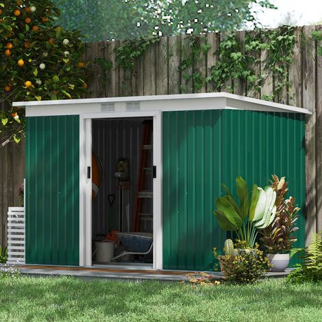 Garden Shed, Jardin Shed, Abri de jardin avec porte coulissante, fenêtre de ventilation, Toit monopente, Vert foncé, 280 x 130 x 172 cm