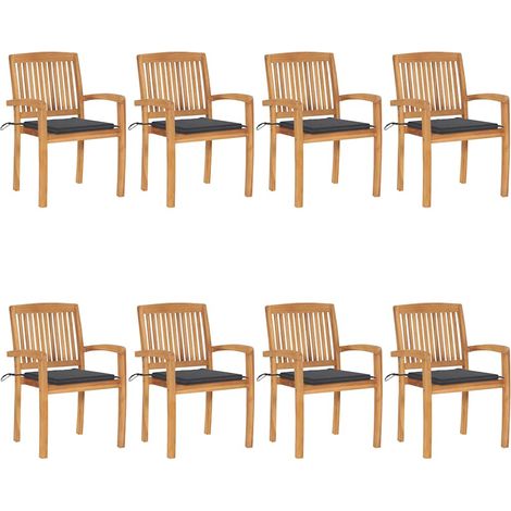 Chaises de jardin empilables avec coussins lot de 8 Teck solide (1/5)