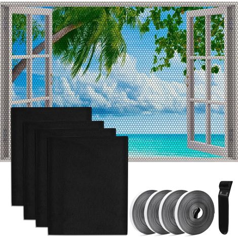 Moustiquaire Fenêtre 150x130cm Moustiquaire Fenetre Scratch 4 Pcs Filet Écran Insecte avec 4 Rouleaux de Bandes Autocollantes, Sans Perçage pour Fenêtre Portes (1/5)