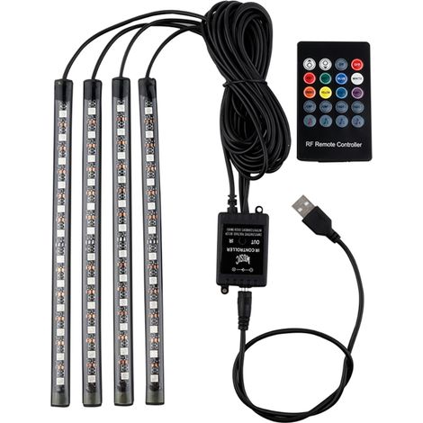 LED-Auto-Streifen, 4 Stück mit je 36 mehrfarbigen LEDs, 12 V DC, LED-Innenbeleuchtungsset unter dem Armaturenbrett mit Musikfunktion und drahtloser Fernbedienung.