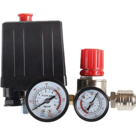 220V Pressostat Compresseur d'Air 4 Trous Regulateur de Pression pour Air Compresseur avec Manomètre Soupape de Sécurité Raccords 90-120 PSI Valve de Contrôle du Pressostat du Compresseur d'Air