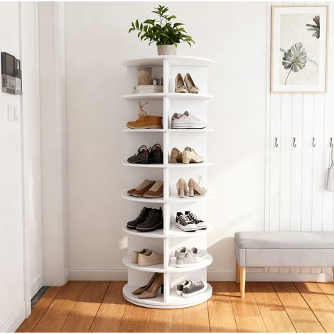 Zapatero giratorio 360° 60x60x161 cm de PVC blanco, ahorro de espacio para entrada, FloraGrace (1/5)