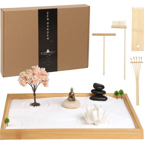 Kit de Jardin Zen pour Bureau, décoration de méditation Japonaise, Art du Sable avec Plateau/Statue de Bouddha/Porte-encens Lotus en céramique Fait à la Main, Accessoires Zen, Cadeau Spirituel (1/5)