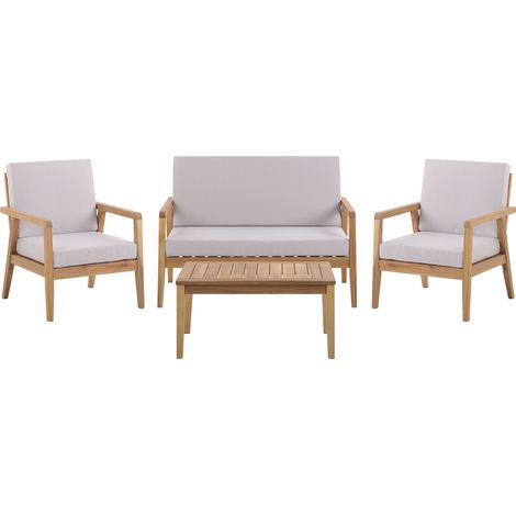 Conjunto de jardín 4 plazas con mesa de madera de acacia gris pardo cojines grises sofá con butacas mesa de centro Pallano (1/5)