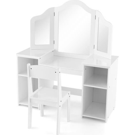 Ensemble coiffeuse enfant avec chaise, miroir triptyque amovible, rangement, table de maquillage ou bureau blanc (1/4)