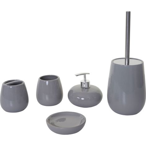 5-teiliges Badset HHG-682, WC-Garnitur Badezimmerset Badaccessoires, Keramik grau (1/5)
