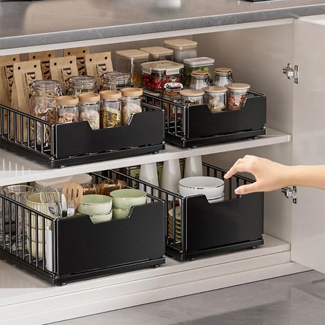 Optimisez le rangement – Panier coulissant pour armoire cuisine – Tiroir métallique extensible – Installation adhésive facile – Cuisine, salle de bain – Panier noir court 30cm