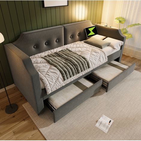 Letto imbottito 90x200 cm in velluto grigio con testiera capitonné, USB-C, luce e 2 cassetti (1/5)