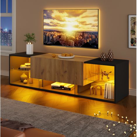 Meuble TV 2 tiroirs 160 x 40 x 42 cm avec LED, noir et effet bois HAVRYA (1/5)