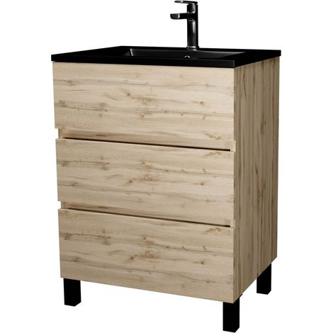 meuble de salle de bains 60 cm 3 tiroirs chêne naturel + vasque céramique noire - timber — vue 3