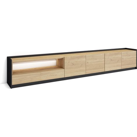 Skraut Home - Mueble TV, Televisión, Muebles de salón, almacenaje, 310x37x50cm, Para TV hasta 80", LED, Estilo Moderno, Roble y negro (1/5)