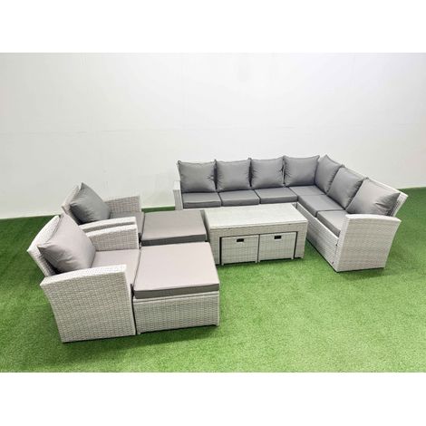 Fimous Rattan Garden Furniture Set 9 Pieces Outdoor Garden Sofa Oblong Coffee Table Set with 2 Chairs 4 Footstools Light Grey Mixed (1/5)