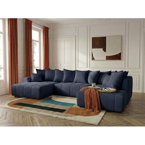 BOBOCHIC - Canapé panoramique convertible ROXELANE tissu bouclette Angle gauche Bleu foncé (1/5)