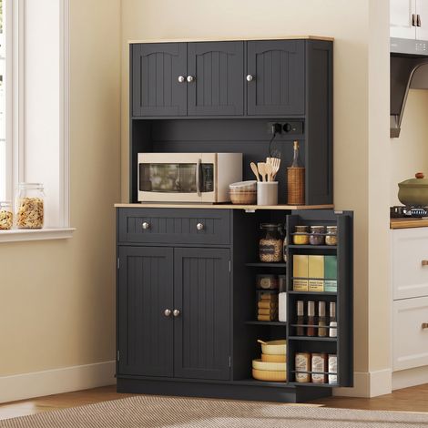 Buffet Haut Cuisine, Station Charge, 6 Portes, Plan Travail, Porte-Épices, 100x40x173 cm, Noir (1/5)