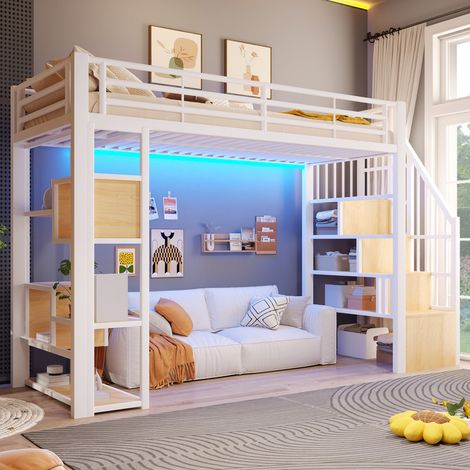 Lit mezzanine enfant en fer 90 x 200 cm, éclairage LED, compartiment de rangement, marches intégrées, barrière, échelle, blanc (1/5)