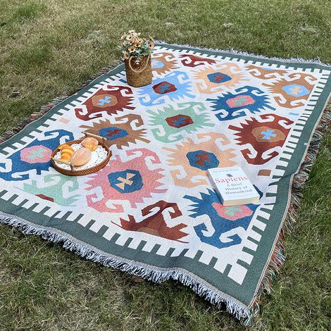 Tapis de pique-nique imperméable, nappe de camping, natte d'herbe bohème en fil tricoté, couverture extérieure américaine pour plein air, multi-usage. (1/5)