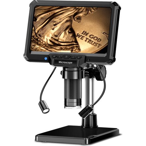 Microscope numérique 7 pouces IPS, caméra 16MP avec focalisation ultra-précise 1000X, vidéo 1080P, 8 lampes LED, compatible avec pièces de monnaie (1/5)