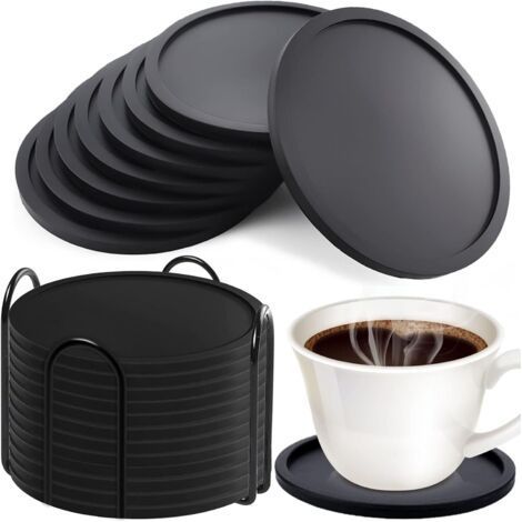 Set of 12 round black silicone coasters with a diameter of 10 cm, black non-slip coasters, suitable for beer mugs, coffee cups (1/5)