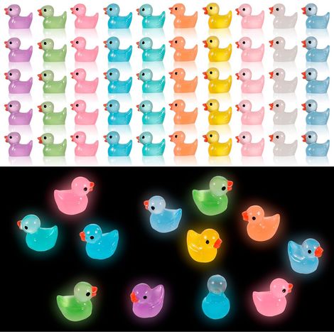 Lot de 100 mini canards lumineux en résine - Accessoires de lutin - Mini canards miniatures - Pour aquarium, maison de poupée, jardin miniature, artisanat, décoration en pot (10 couleurs) (1/4)