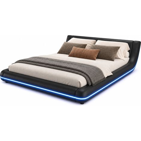 Letto matrimoniale basso 160x200 cm in cuoio rigenerato nero con illuminazione LED multicolore controllabile da app, rete a doghe, CHICFURN (1/5)