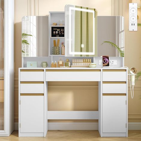 Toeletta Trucco con Specchio, Toeletta con LED e Prese, Luminosità Regolabile, con Specchio Tripper, Supporto Per Asciugacapelli, Postazione Trucco, 5 Cassetti, 2 Armadietti, Bianco (1/5)