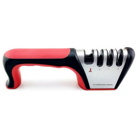 Professional Knife Sharpener, 4 in 1 Kitchen Knife Sharpener with Non-slip Base, Knife Sharpener for Knives and Scissors, Manual Knife Sharpener (red and black) (1/5)