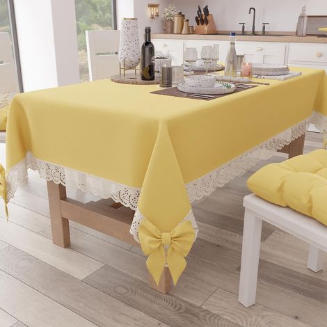 Nappe Rectangulaire Tissu avec Dentelle de Saint-Gall, Nappes de Table en Coton 12 Places, 140x240 cm, Jaune, Accessoires De Cuisine (1/5)