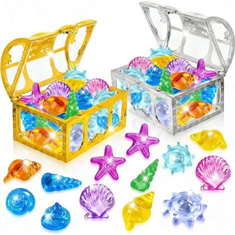 36 Colorful Diving Gems and 2 Tresor Chest, Acrylic Gem Toy, Toy Gems for Pools, Beaches and Treasure Hunts (Gold+Silver) (1/5)