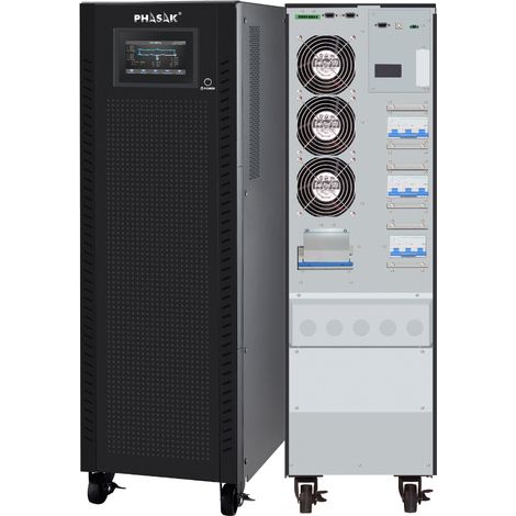 Phasak 3-Phasen-Online-USV, Modell PH 9293, 20000 VA, ideal für IT, Industrie und Rechenzentren, mit Doppelwandler, 3P/1P-Ausgang, Touchscreen, EPO und SNMP.