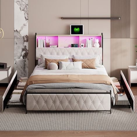 Lit double 180x200 avec tiroirs, lit adulte avec port USB et LED, Structure de Lit avec Sommier à Lattes, Beige, velours