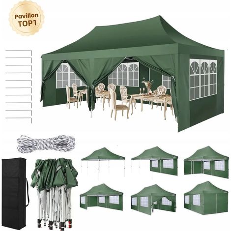 Carpa de jardín plegable 3x6M Protección UV impermeable, Barnum plegable para bodas, picnics, mercados, camping con 6 paredes laterales desmontables, Verde (1/5)