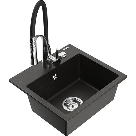 Mexen Milo Granitspüle 1-Kammer mit Küchenarmatur Aster, schwarz/gold metallisch - 6505-75-73450-07 (1/5)