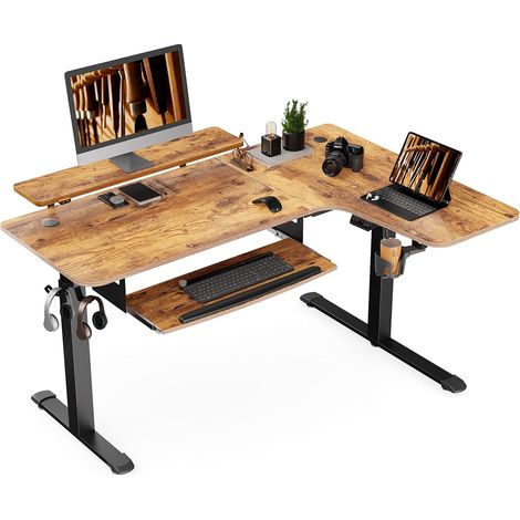 Bureau assis-debout électrique format L, grand bureau d'angle 155×110cm ergonomique. Hauteur ajustable, livré avec plateau clavier et support écran LED