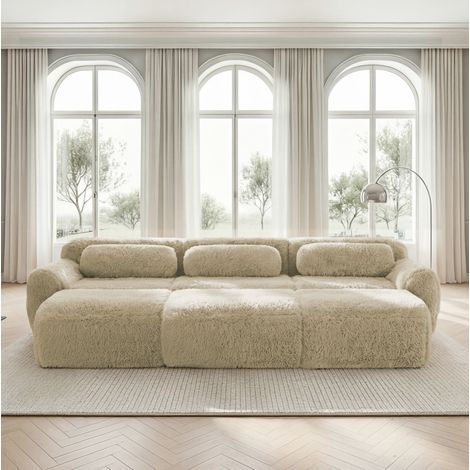 Sofa modulare 291/179/73 cm in caqui chiaro in tessuto felpato con 3 ottomani (1/5)