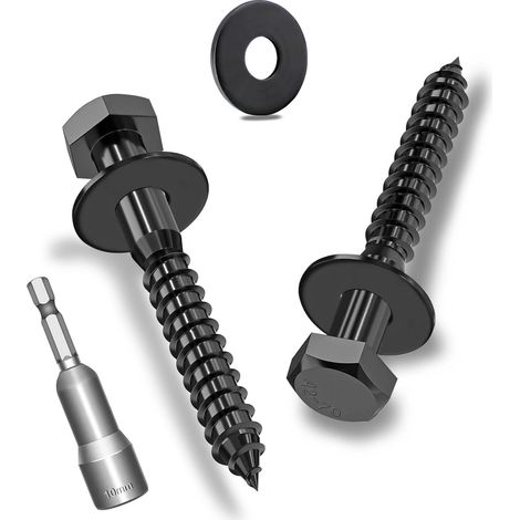 Lot de 15 vis à bois hexagonales M6 x 50 mm avec rondelles, vis hexagonales noires en acier inoxydable A2V2-DIN571, vis à clé avec rondelles et clé à douille (1/5)