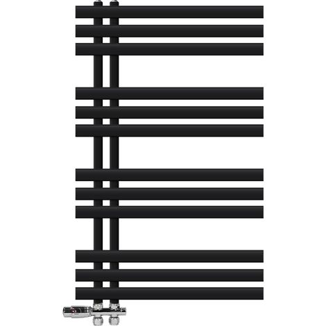 LuxeBath Badheizkörper Iron EM 600x1000 mm Schwarz matt Mittelanschluss mit Anschlussgarnitur Thermostat Durchgang Boden, Design Heizkörper Heizung Handtuchwärmer Handtuchtrockner Handtuchheizkörper (1/5)