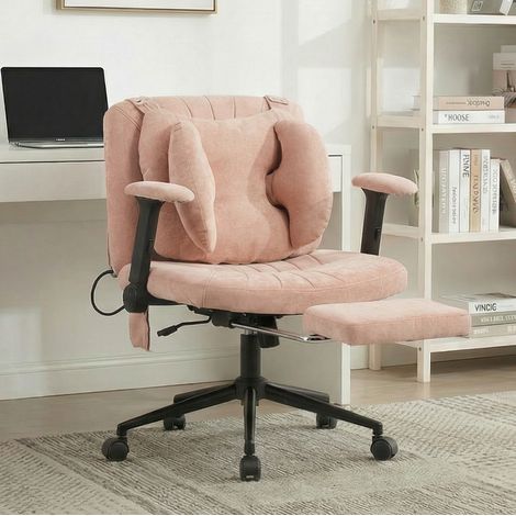 Silla de oficina de tela rosa, giratoria 360°, soporte lumbar de aire ajustable, asiento amplio, ruedas silenciosas, 80×55×86 cm (1/5)