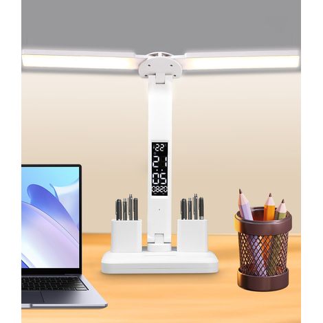 Lampe de Bureau Led,Lampe de Bureau à Deux Bras, Lampe Tactile Avec Minuterie et Fonction MéMoire Avec 3 LumièRes Et Luminosité Réglable pour L'étude et le Travail