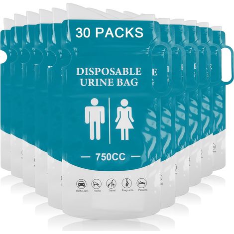 Paquete de 30 bolsas de orina desechables para llevar, 750 ml, urinario portátil para hombres y mujeres, bolsas de orina con asa, bolsas de orina de gel, inodoro de emergencia para viajes y campamento (1/5)