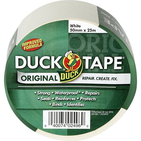 Duck Tape Original - Nastro adesivo telato, in tessuto, per riparazioni, formula migliorata ad alta resistenza, impermeabile, 50 mm x 25 m, bianco (1/5)