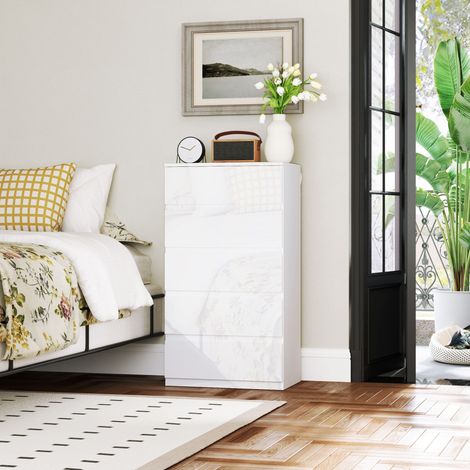 Práctica y moderna cajonera con 5 cajones para recibidor de dormitorio, 53x33x100 cm, blanco brillante.